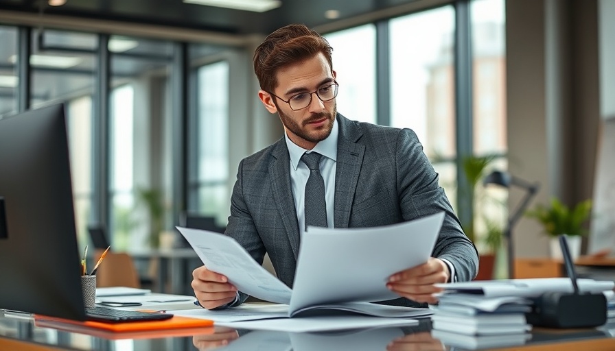 Businessman reviewing business expenses in a modern office.