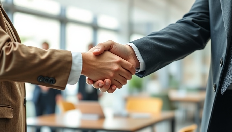 Client-centric sales handshake in modern office.