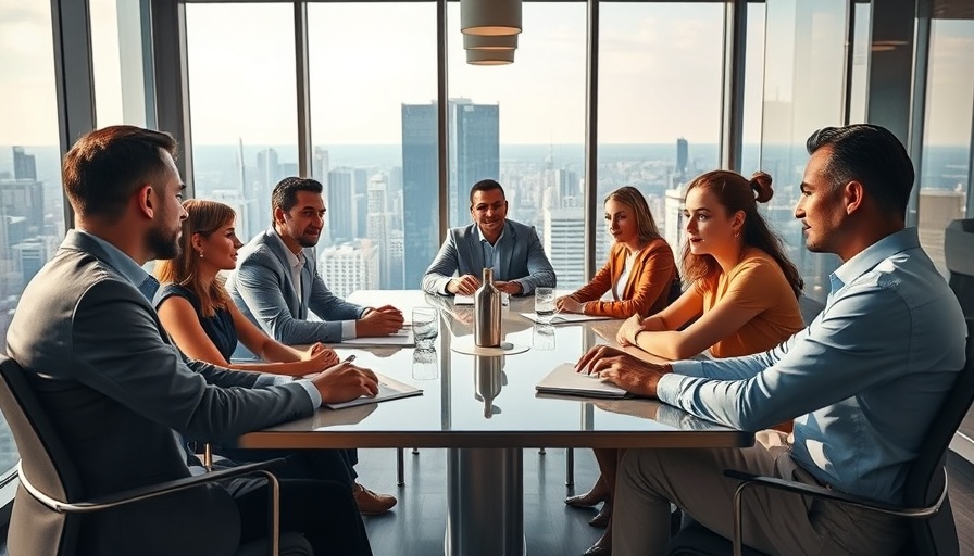 Professionals discussing enterprise client acquisition in modern office.