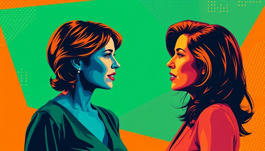 Colorful collage of two women conversing about AI language translation.