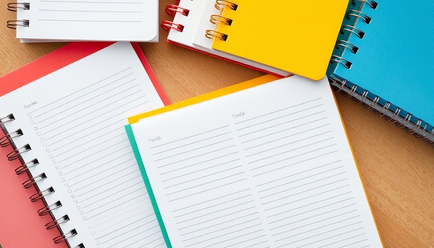 Overhead view of colorful spiral-bound paper planners for scheduling.