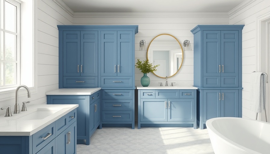 Modern bathroom remodel with blue cabinets and sleek design