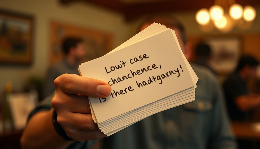 Person holding cards with handwritten text, warm indoor setting.