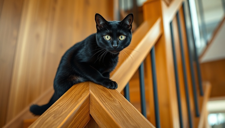 Black cat on staircase in a rooftop duplex, cozy interior.