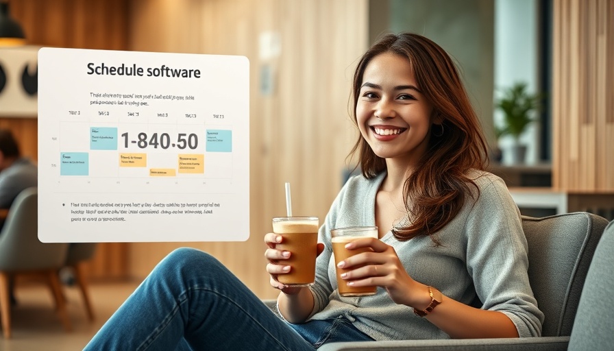 Smiling woman with scheduling software graphic in modern space.