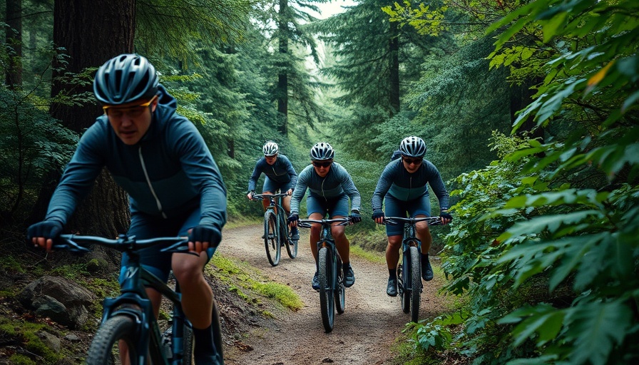 Cyclists in cold weather gear on forest trail.