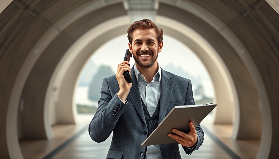 Smiling businessman using phone, abstract design, keyword mapping