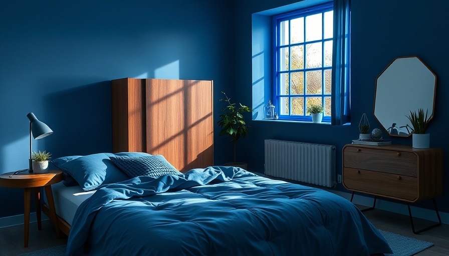 Elegant blue on blue bedroom with modern design and natural light.