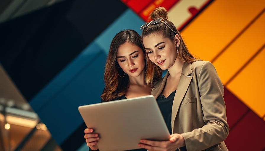 Stylish partners reviewing a laptop together, modern art backdrop