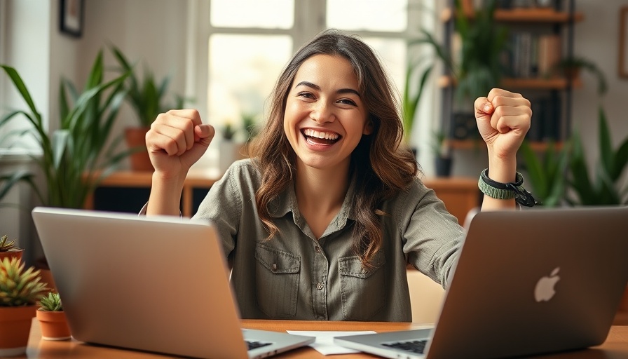 Woman celebrating personal growth at home office, smiling with joy.
