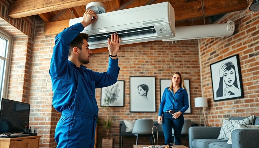 Technician servicing air conditioner in modern home, trades sector companies.