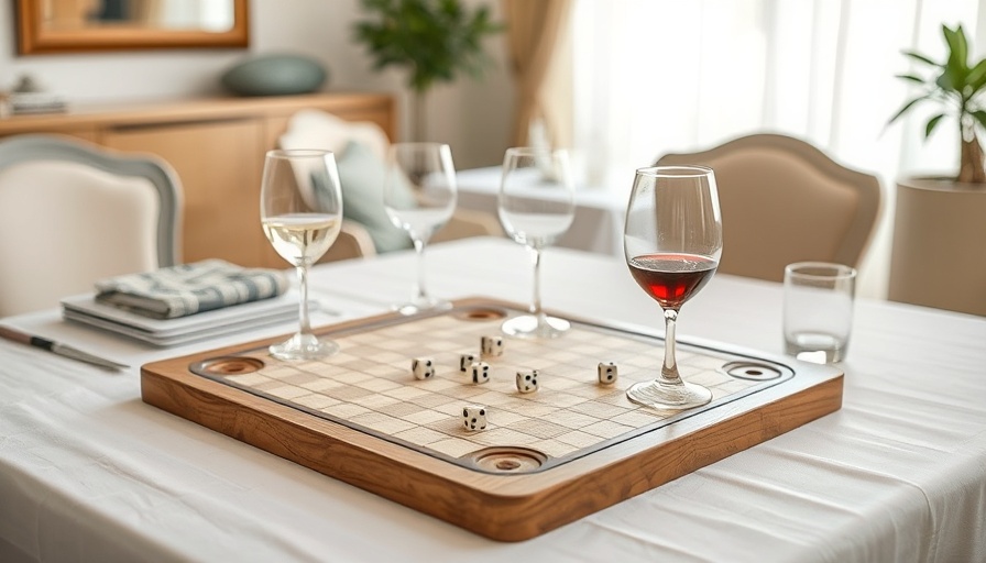 Elegant game night table linens with glassware and dice.
