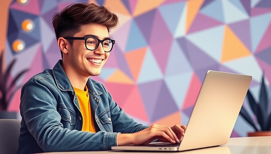 Sandler Pain Funnel concept with smiling young man using laptop, cartoon style.