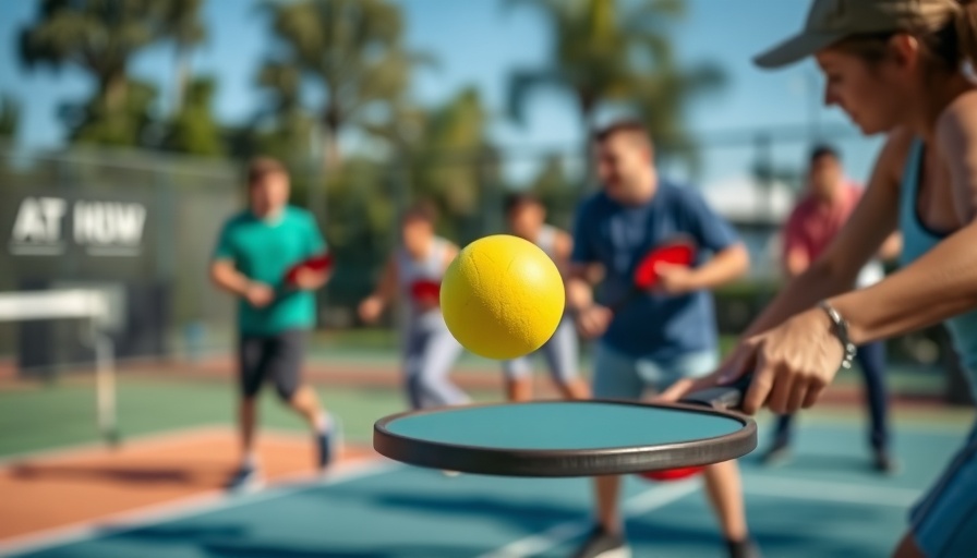 People playing pickleball on an outdoor court with vibrant paddles.