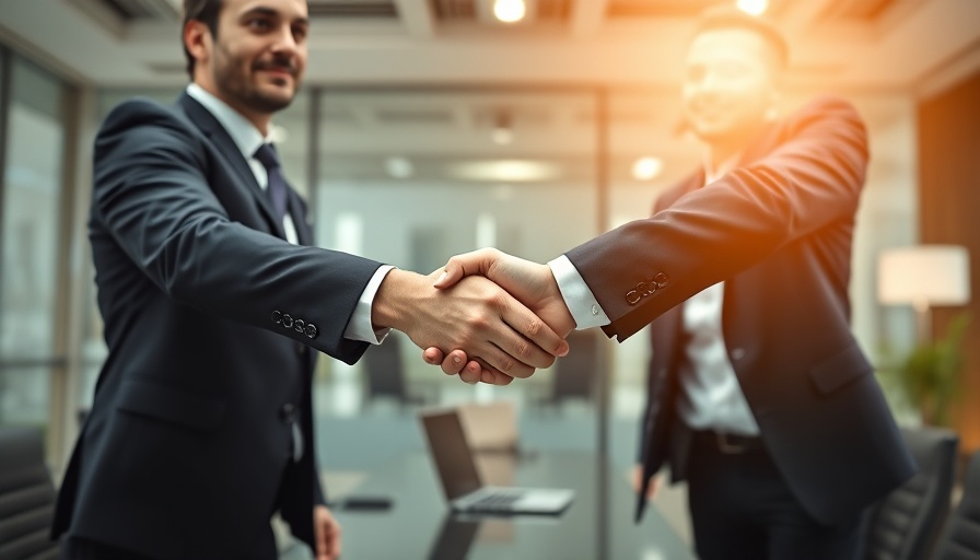 Business professionals shaking hands over a laptop in a high-value sales meeting.