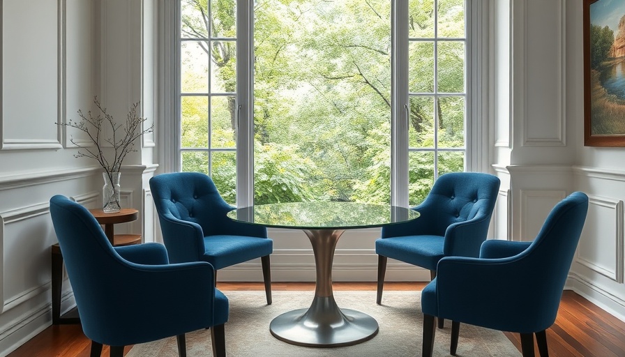 Elegant dining room in a Georgian townhouse with blue chairs and glass table.
