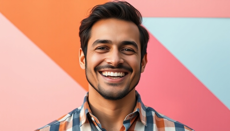 Smiling man in front of colorful geometric background, Jaguar rebrand.