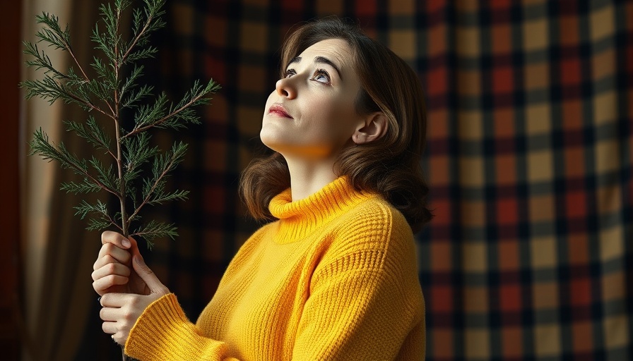 Sanne Hop wearing yellow, looking at tree indoors with fabric backdrop.