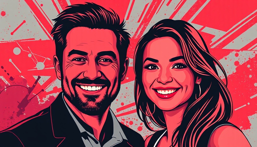 Stylized marketing portrait with bold red background.