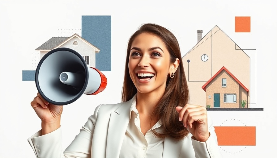 Businesswoman promoting real estate slogan with megaphone