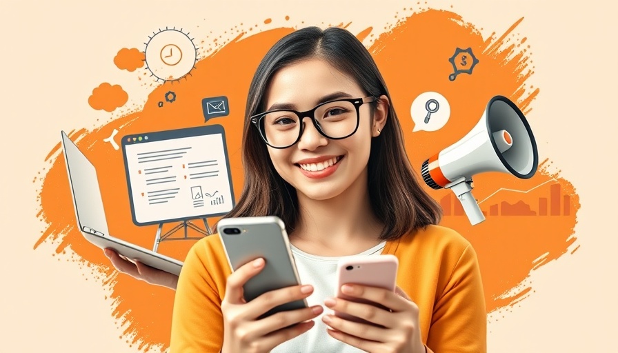 Modern marketing strategy collage with woman and digital elements.