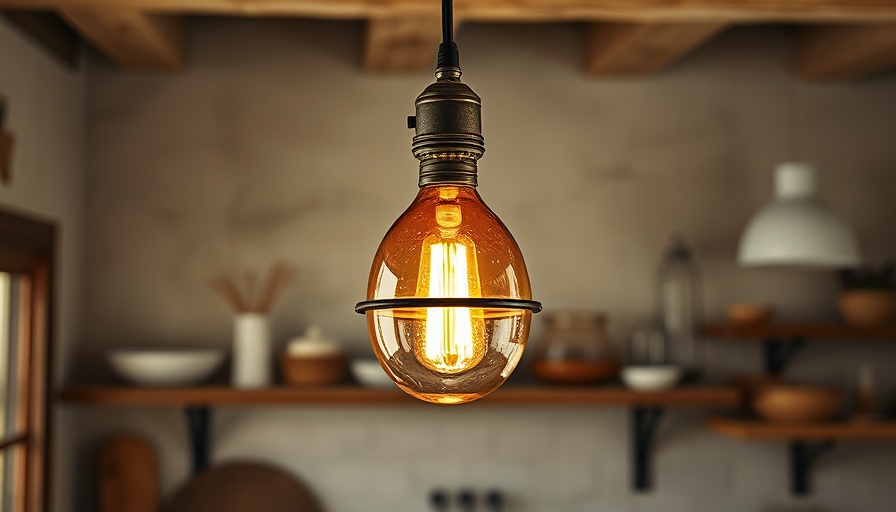 Vintage amber glass pendant light in rustic kitchen ambiance.