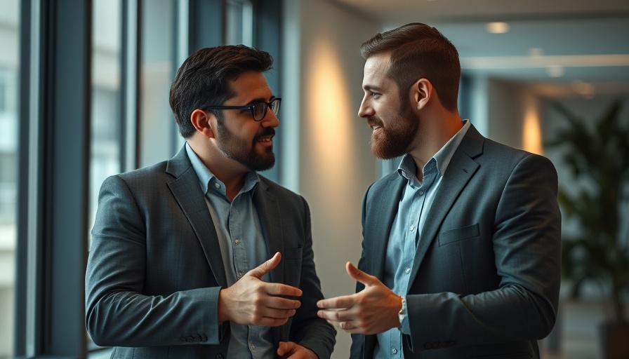 Two men discussing HVAC co-location and cooperation, professional meeting.