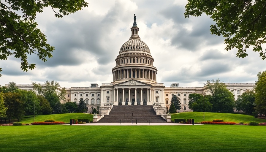 United States Capitol reflecting tariffs impact HVAC costs amid lush greenery.