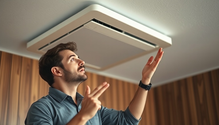 Man discussing ceiling air conditioner in modern room.