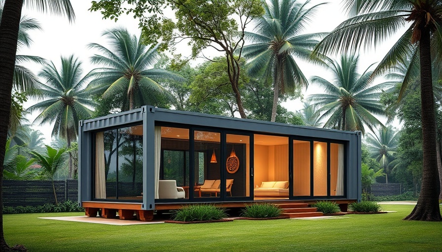 Container home with air conditioning setup in greenery.