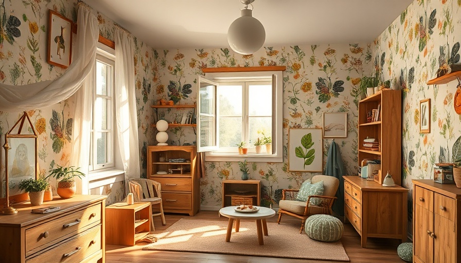Cozy child room with herbarium botanical wallpaper and wooden furniture.