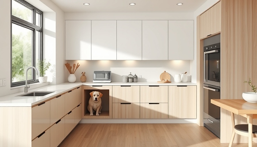 Modern kitchen with pet built-in nook featuring a dog.