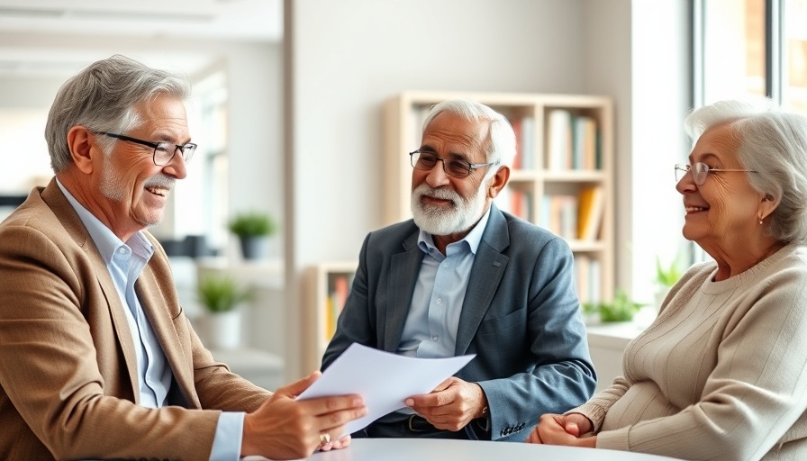 Advisor discussing life insurance review in Houston with elderly couple.