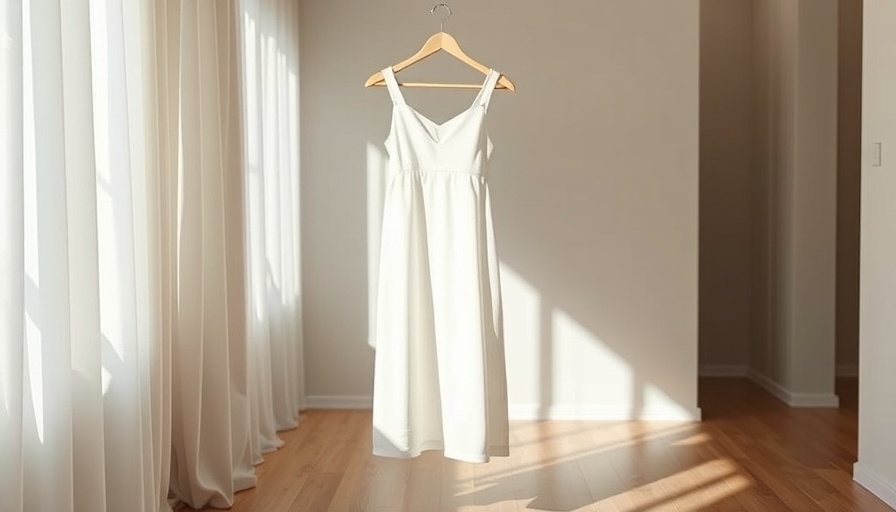 Simple white dress hanging, minimalist interior, handmade wooden hanger.