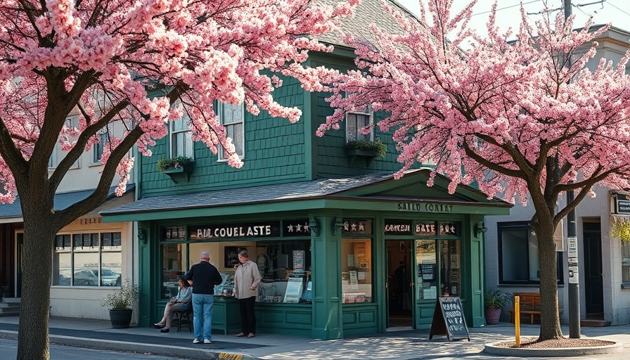 Charming Canadian design shop on a sunny street with blossom trees.