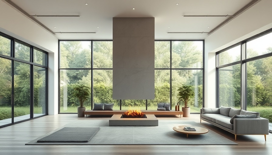 Modern minimalist Pine Island Cottage living room with large fireplace and scenic views.