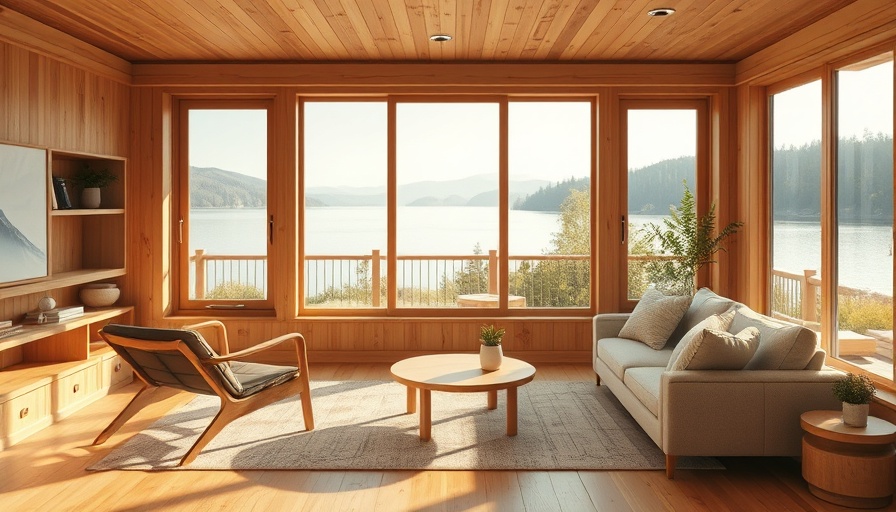 Calm and minimalist living room design cleanse for spring overlooking a lake.
