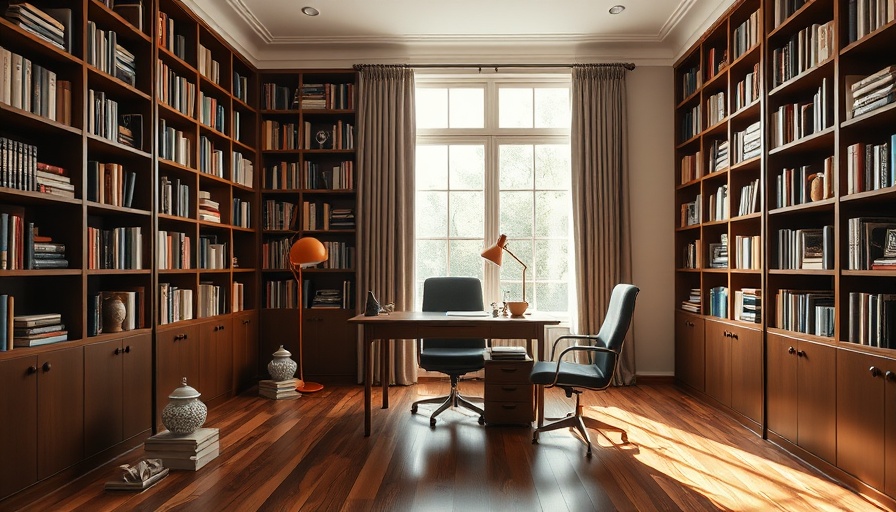 Elegant home office from Jill MacNair home renovation, featuring books and a large window.