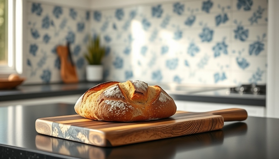 Delft-inspired designs on kitchen tiles with bread.