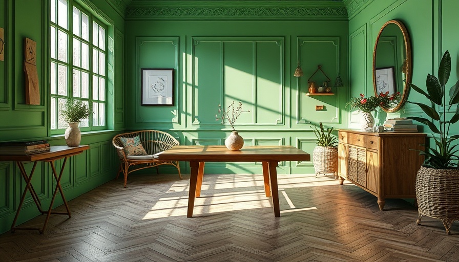 Modern room with green paint trend, wicker basket, and wooden table.