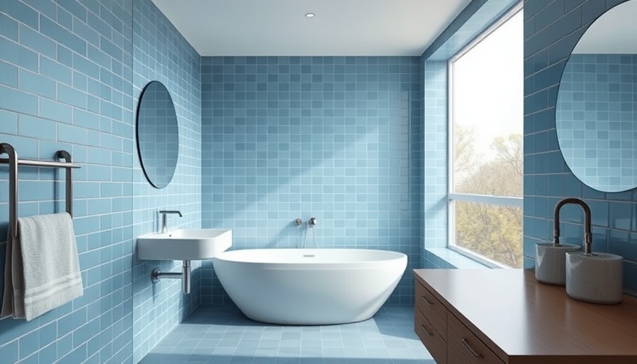 Modern bathroom in La Maison Bernard restoration, featuring blue tiles and natural light.