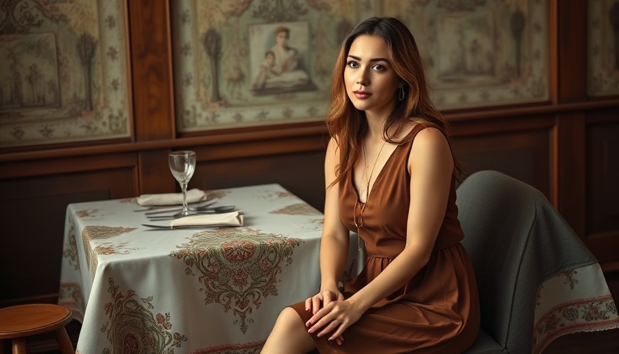 Sarah Espeute Trompe-l'œil Tablecloths with thoughtful woman in a brown dress.