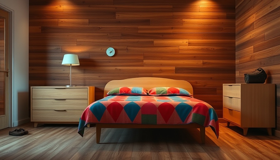Warm midcentury modern bedroom design with wooden walls and stylish accents.