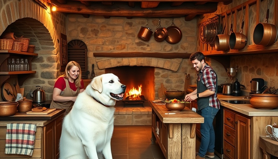Rustic kitchen scene with people and dog in a French cuisine setting.