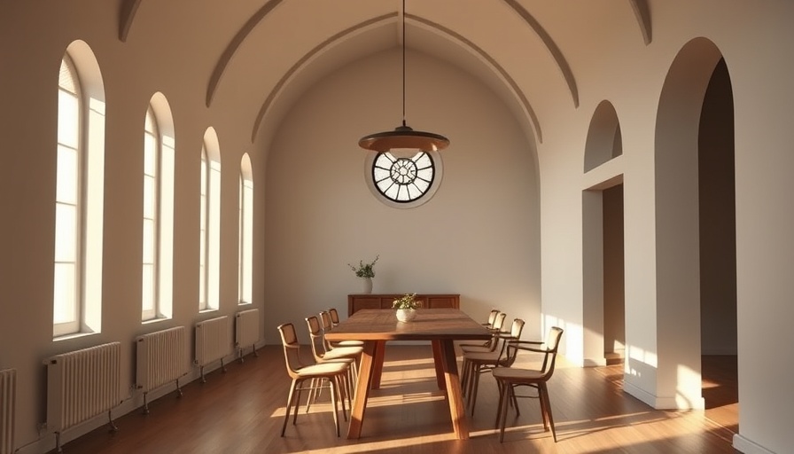 Modern chapel conversion architecture with dining area and arched ceilings