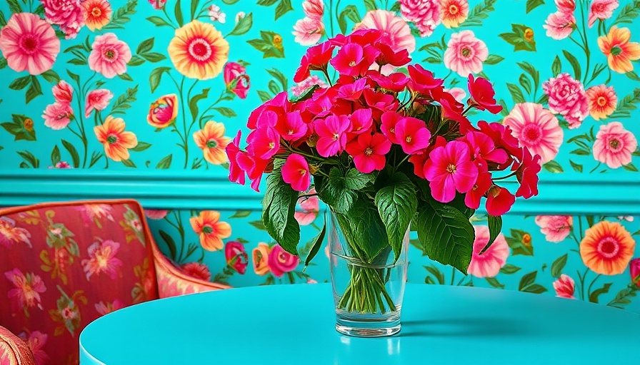 Maximalism interior design with floral wallpaper and vibrant décor.