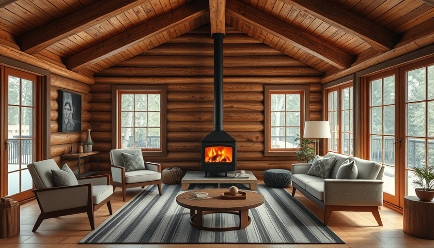 Cozy Pines Beach Cabin living room with wood stove and modern decor.
