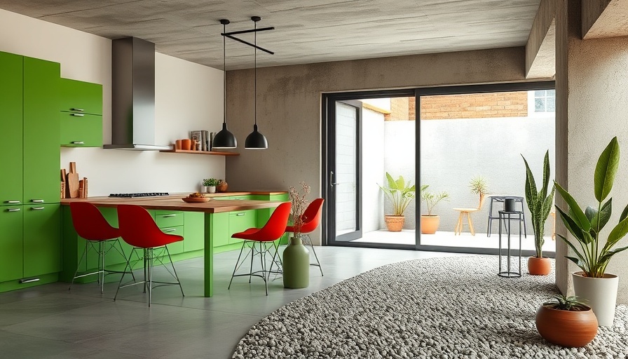 Contemporary kitchen design in Lisbon with red chairs and green cabinets.