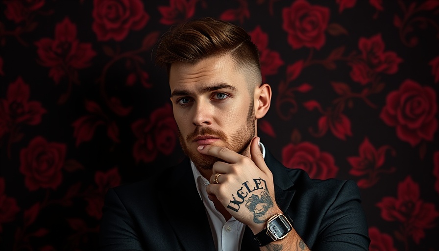 Modern novel cover with a tattooed man, thoughtful expression, warm lighting.