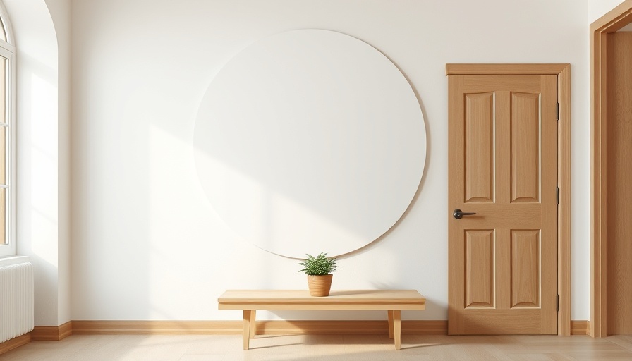 Minimalist painted circle wall mural with a small plant on a bench.